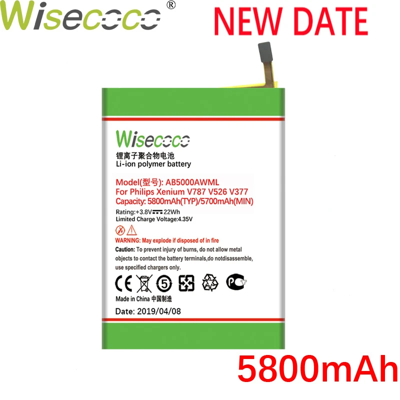 

Wisecoco AB5000AWMT 5800mAh New Battery For Philips Xenium V787 CTV787 V526 CTV526 V377 CTV377 Phone Battery + Tracking Number