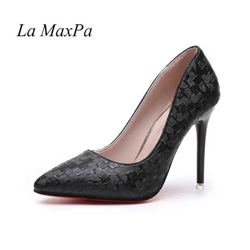 La MaxPa/Новинка года; модные женские туфли-лодочки на высоком каблуке; классические пикантные свадебные туфли на тонком каблуке; цвет белый, красный, синий, черный; большие размеры 34-40 - Цвет: black