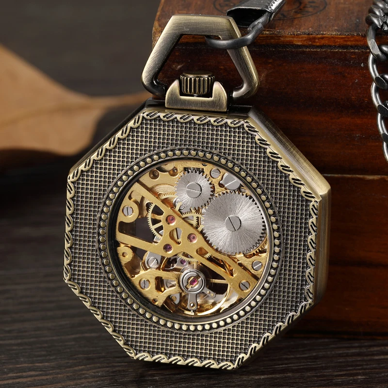 Ретро Уникальный шестигранный Римский номер карманные часы брелок цепь стимпанк покер новые стальные механические ручные бронзовые карманные часы