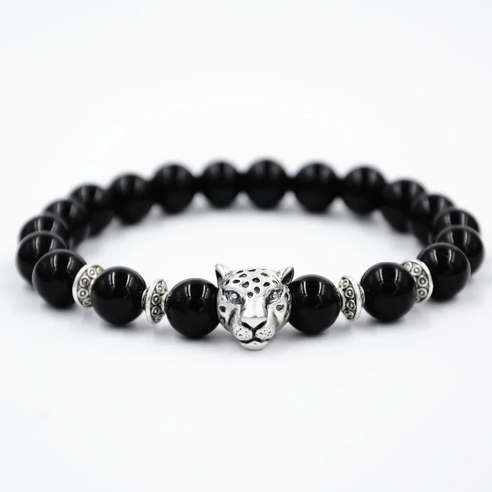 New Silver Plated Leopard Lion Charm Bracelet Smooth Black onxy Natural