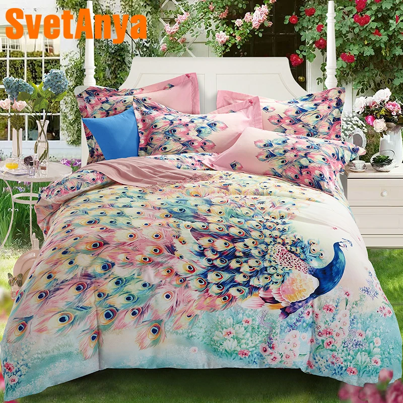 

Svetanya Sheet Pillowcase Quilt Cover Set sanded Cotton Peacock Print Bedding Kit Double Queen King size Bedlinen