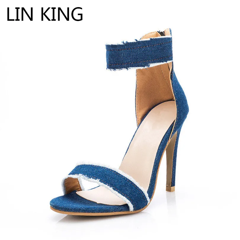 

LIN KING New Sexy Thin Heel Women Sandals Denim Ankle Open Toe Summer Single Shoes Slim High Heel Office Lady Career Dress Shoes
