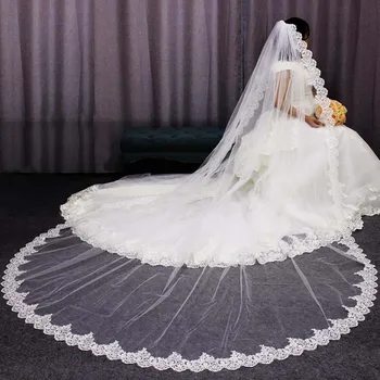 

High Quality Neat Glitter Sequins Lace Edge 3 M Long Wedding Veil One Layer Cathedral Bridal Veil Voile Mariage