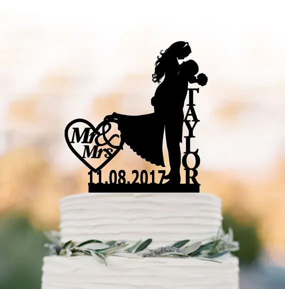 

Bride and groom Wedding Cake topper mr and mrs, silhouette wedding cake topper custom name, personalized cake topper with date