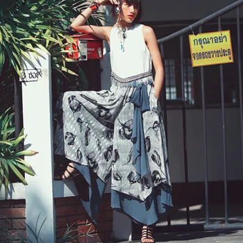 

Aporia.As Women SpringSummer novetly Personality Ethnic Patchwork Casual Loose Floral Print Bow Chiffon Irregular Wide Leg Pants