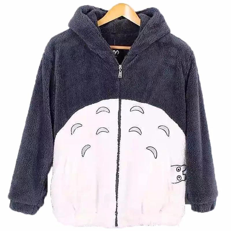 Аниме куртка с изображением Тоторо осень зима для мужчин и женщин двойной фланелевый теплый плюшевый пальто с капюшоном Пара Косплей флисовая верхняя одежда с ушками S-6XL - Цвет: Totoro jacket