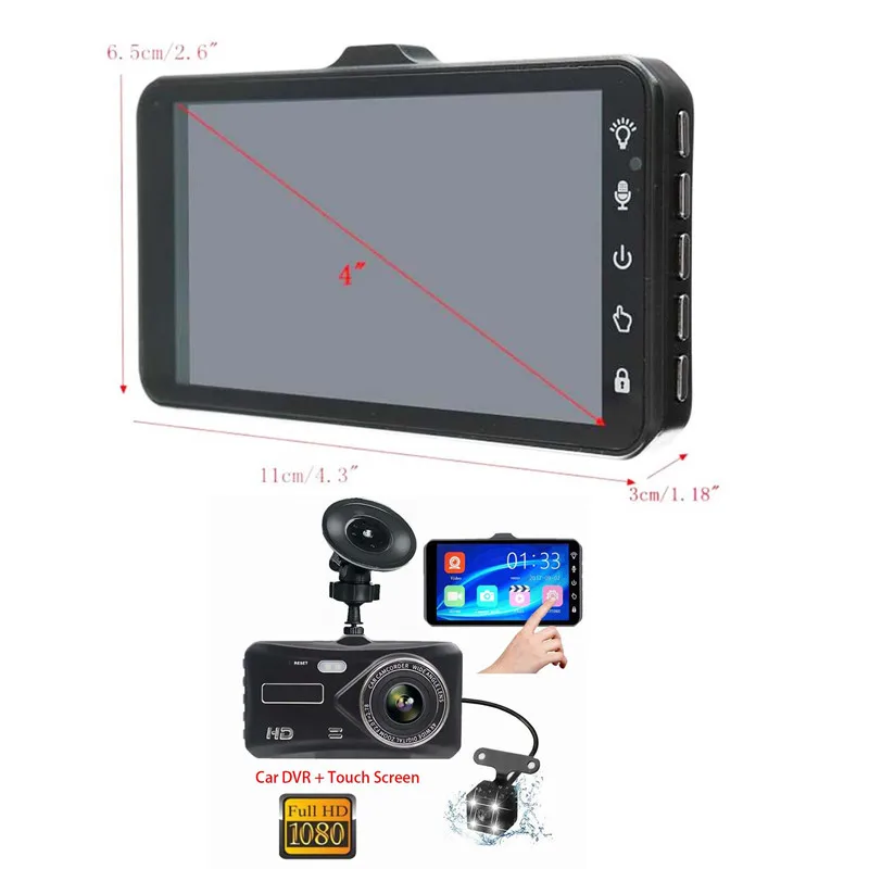 

1pc 4 Inch Dual Lens Touch Screen Camera Full HD 1080P Car DVR Vehicle Camera Dash Cam Video Recorder Rearview