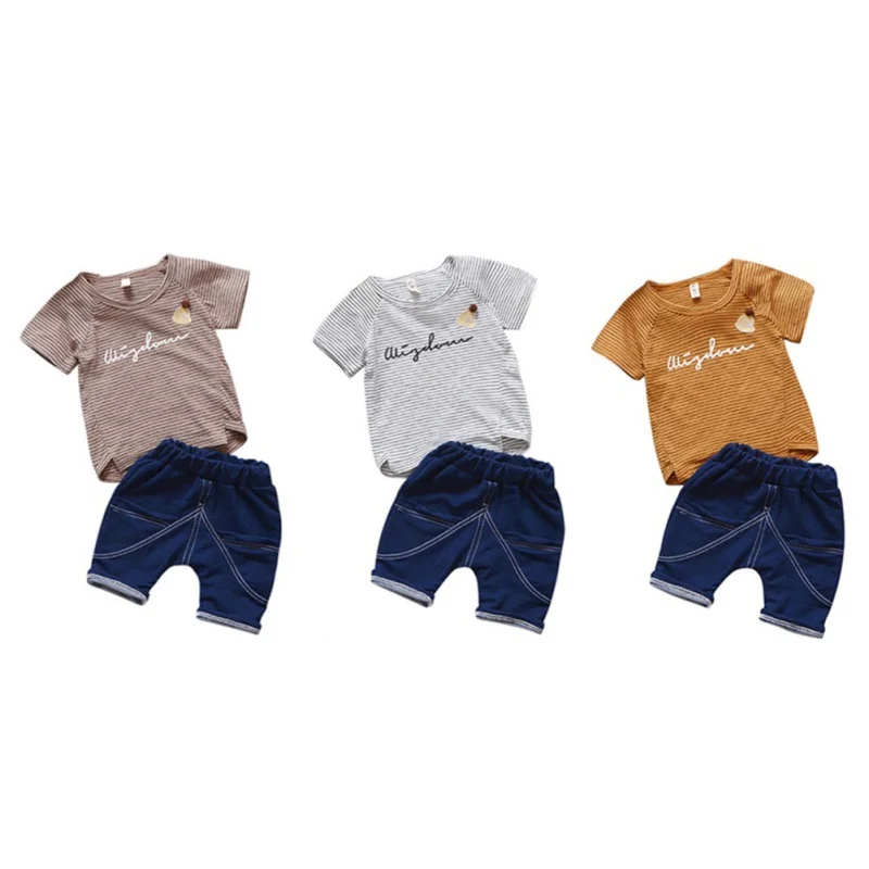 

Baby Boy Clothes Stripe T-shirt+Denim Shorts Fashion Baby Clothes Set 2PCS Kids Summer Top Beach Denim Shorts
