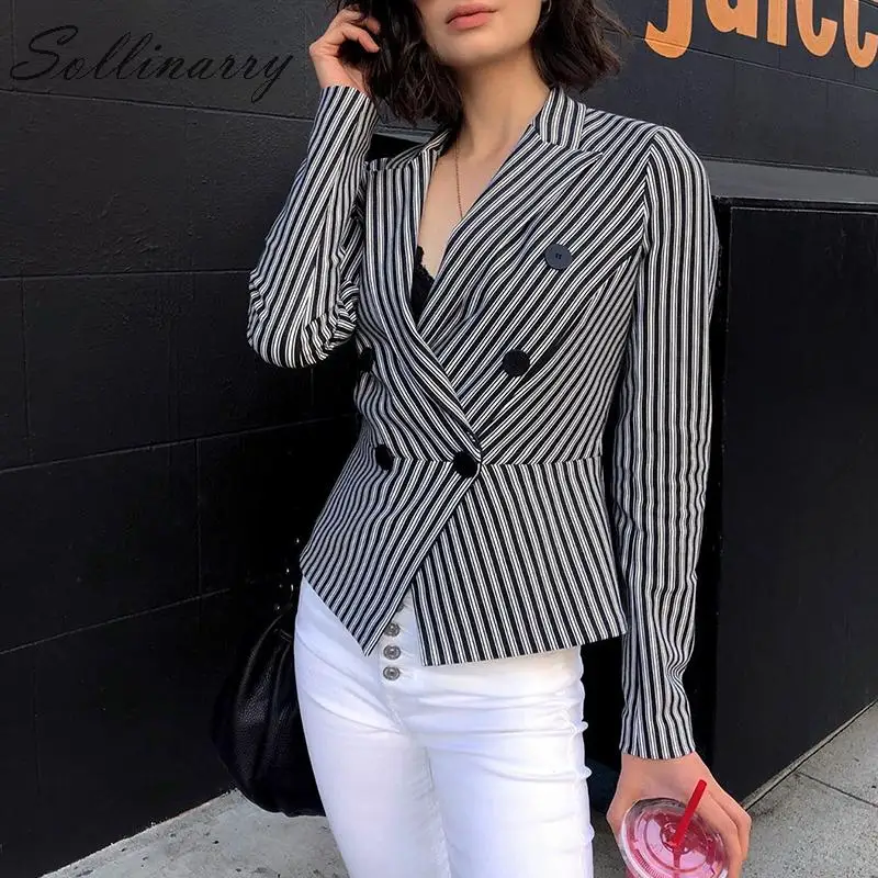 

Sollinarry Stripe Autumn Slim Blazer Women 2019 Long Sleeve Double Brested Buttons Winter Blazers Female Office Outwear Coats