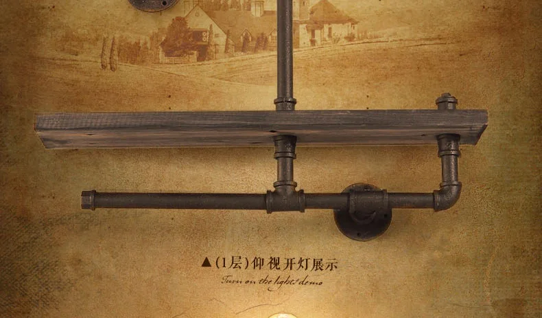 Vintage industry loft RH creative style retro water pipe wall lamp with wood shelf to decorate the cafe or restaurant.