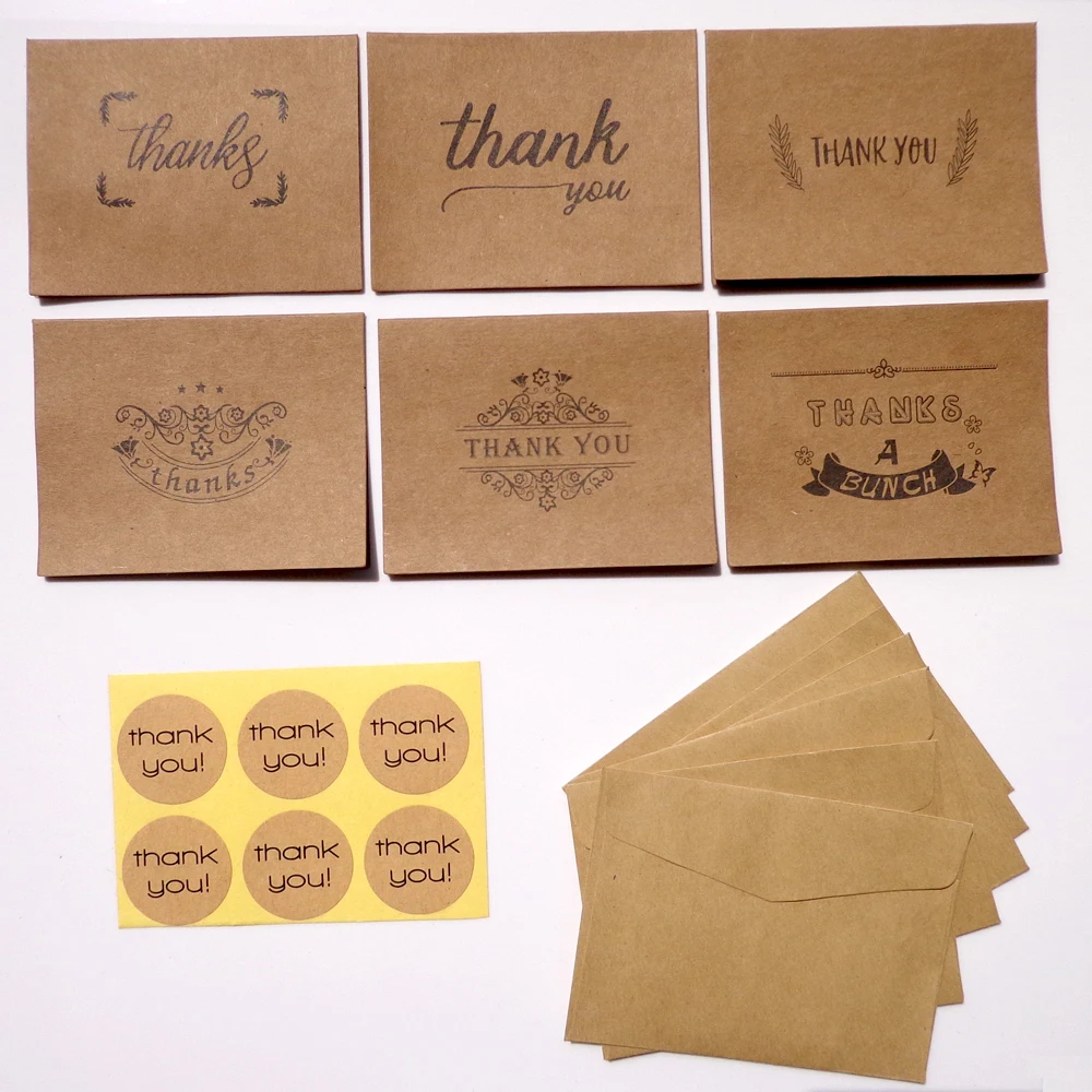 6pcs Thank You Kraft Paper Envelopes 6pcs Paper Card 6pcs Seal Sticker Kids Stationery School