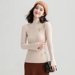 2019 тонкий свитер для женщин топ Flare рукавом Стенд воротник пуловер Джемпер s Sueter Mujer Женская одежда RWC185033