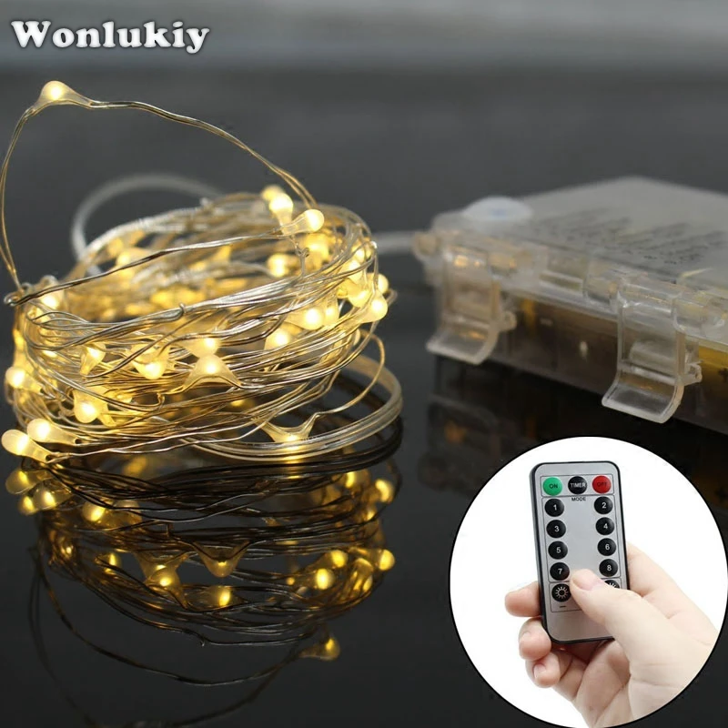 Wonlukiy LED String Lights Battery Powered with Remote 33ft 10m Copper Silver Wire Waterproof