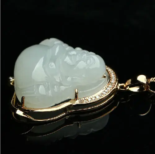 

Jew3115 happy buddha Hetian white chinese jade jadeite necklace pendant emerald gold
