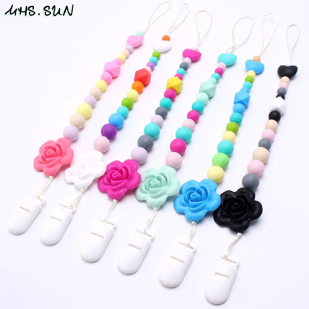 

MHS.SUN Newborn Silicone Teething Pacifier Clips Safe Rainbow Silicone Beads Flower Pacifier Chain Holder For Baby Chew Toy