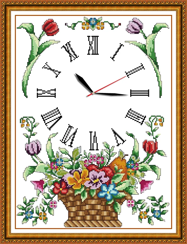 Flower basket clock cross stitch kit 14ct 11ct count print canvas wall clock stitching