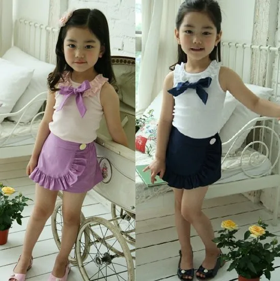 Free shipping summer children's clothing set girl bowknot vest split