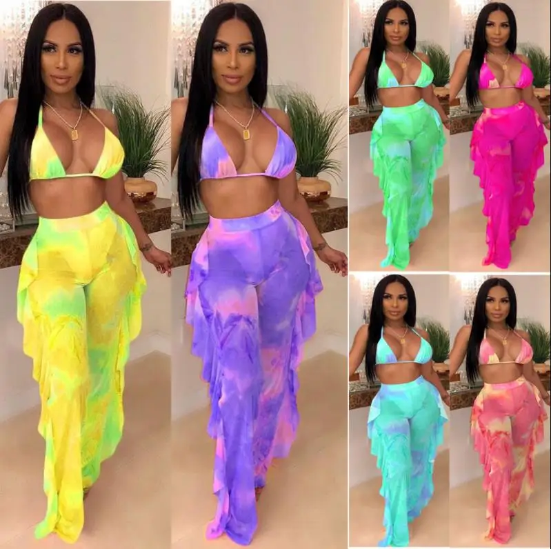 

2019 new women tie dye galaxy print mesh see though halter bra top ruffles side splicing pants suit two piece set tracksuit
