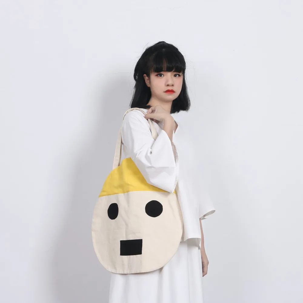 Original deisgn canvas shoulder bag funny yellow smile face mori girl messenger bag white color big