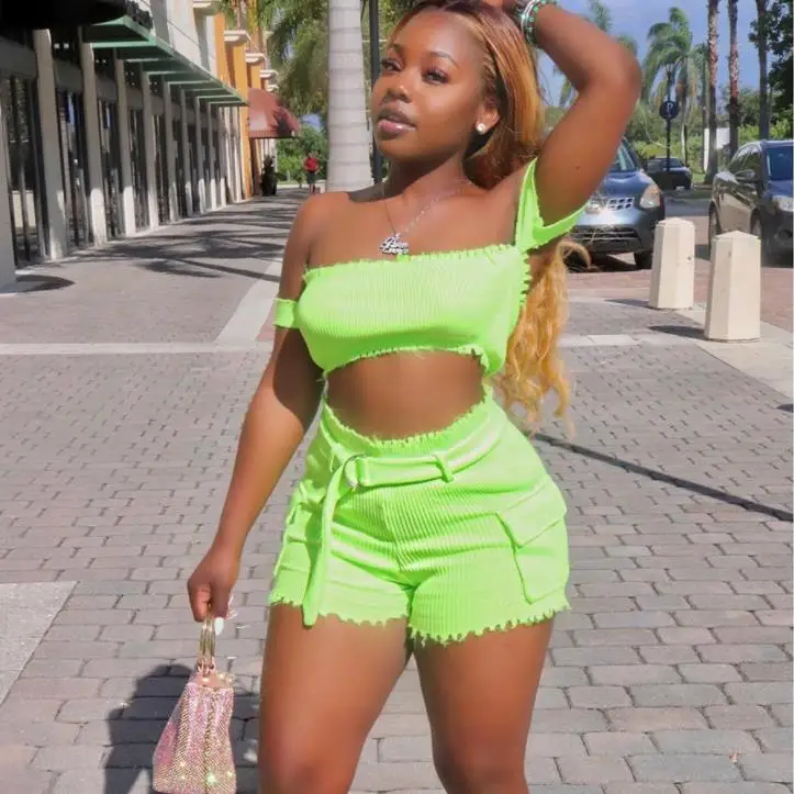 BKLD 2019 مثير حزب نادي اثنين قطعة مجموعة الصلبة Bodycon 2 قطعة مجموعة بلوزات غير مغطية للكتف المحاصيل رداء علوي (توب) مع سروال قصير الصيف المرأة الني...