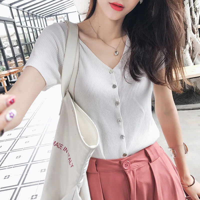Mishow трикотажная футболка женская летняя новая Корейская версия саморазвитие короткий параграф v-образным вырезом рубашка MX19B5228 - Цвет: white