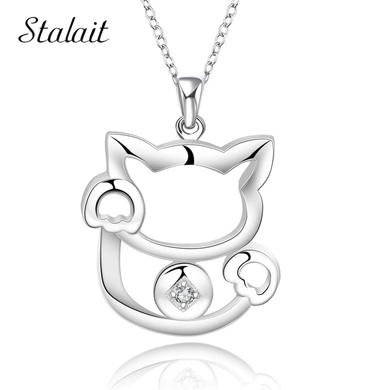 

Good jewelry Wholesale Real Pure Silver Color jewelry Cute fortune cat crystal necklaces & pendants For women 591