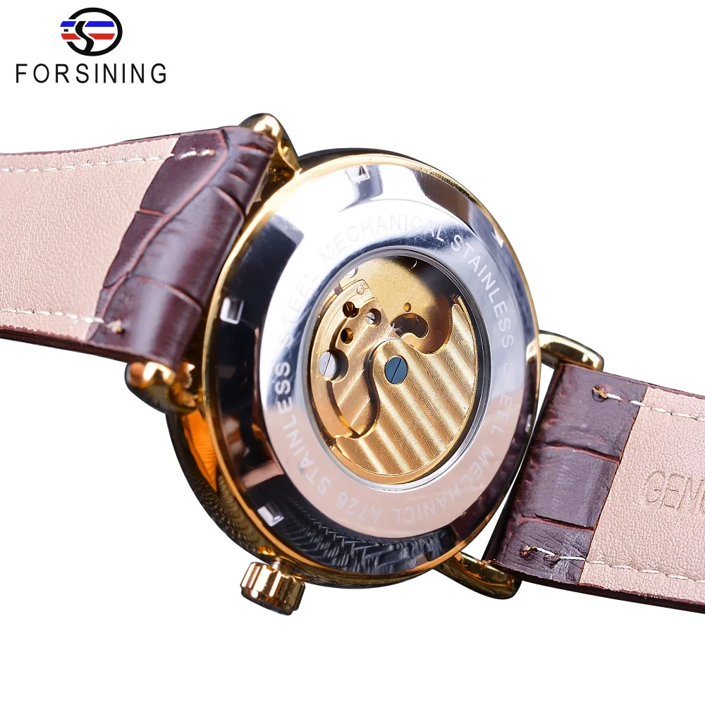Mechanical Watch Forsining Royal Golden Skeleton Display Blue Hands Brown Genuine Leather Belt Mens Mechanical Wristwatches Clock Male