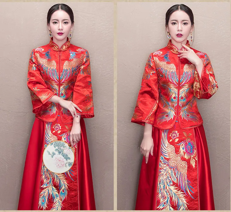 Двойной феникс Cheongsam для зарубежных китайцев свадебной церемонии Vestido де Novia де Estilo Чино винтажные традиционные платья