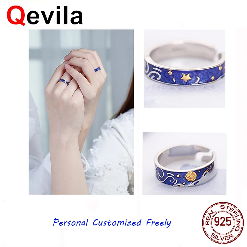 

Qevila 2019 Fashion Personalized Rings Customized Van Gogh Enamel Ring 925 Sterling Silver Gold Moon Star Canvas Rings for women