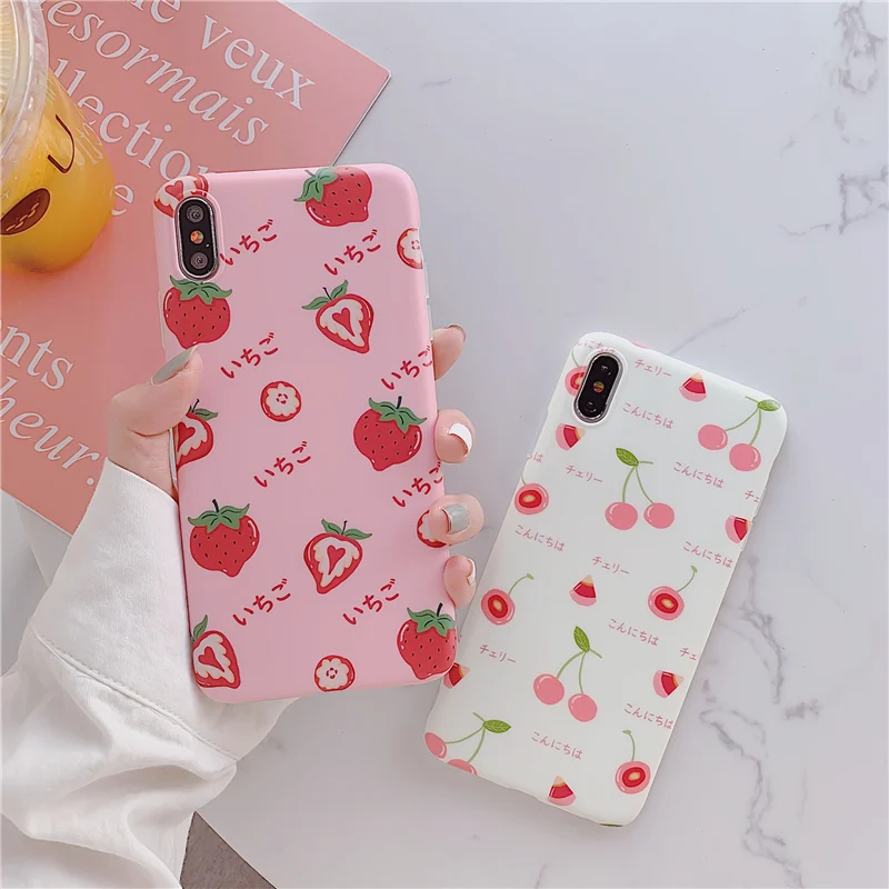 

Cute Strawberry cherry phone Cases for iphone X XR XS Max Matte Soft TPU case For iphone 6 6s 7 8 7plus case back cover