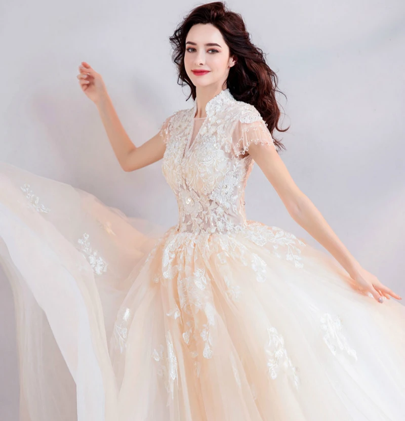 Женское свадебное платье до пола SSYFashion элегантное блестящее с высоким воротом