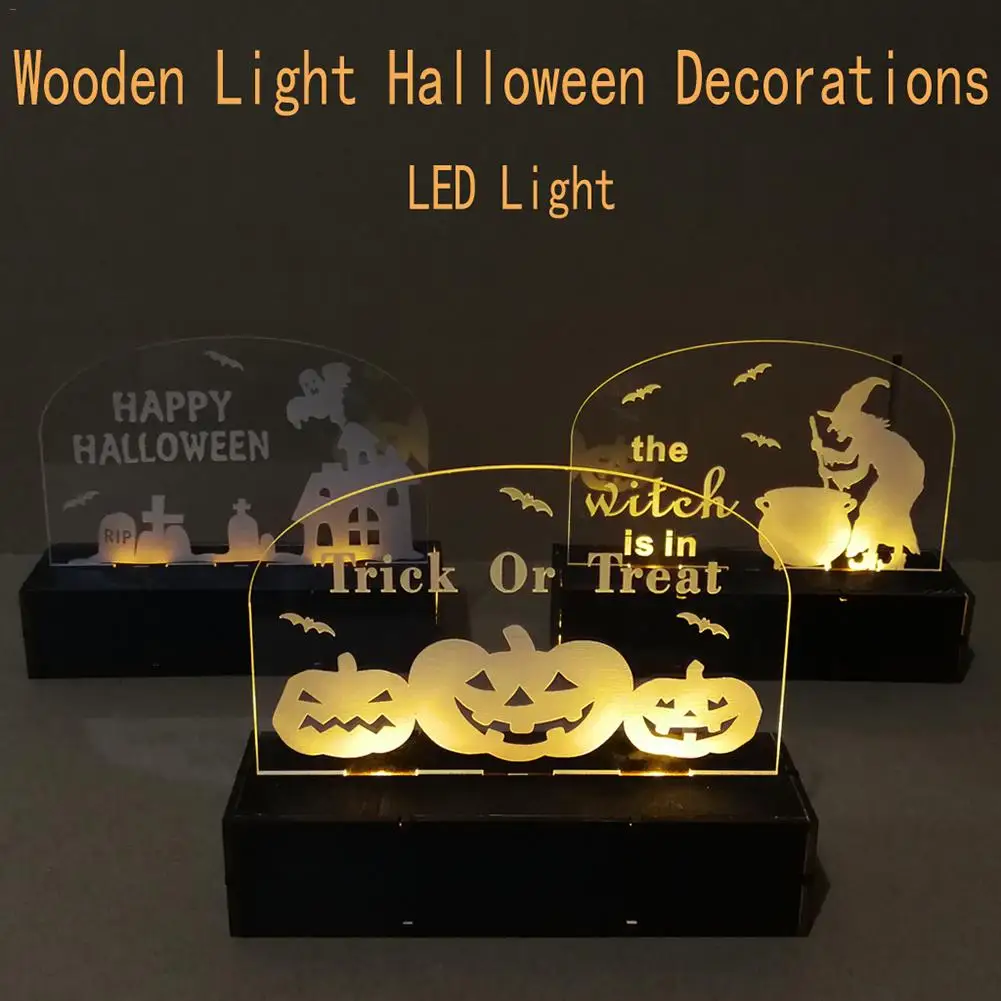 

Wooden Halloween Decoration Haunted House Witch Pumpkin Man Shaped LED Lights Home Festival Party Three-dimensional Ornament