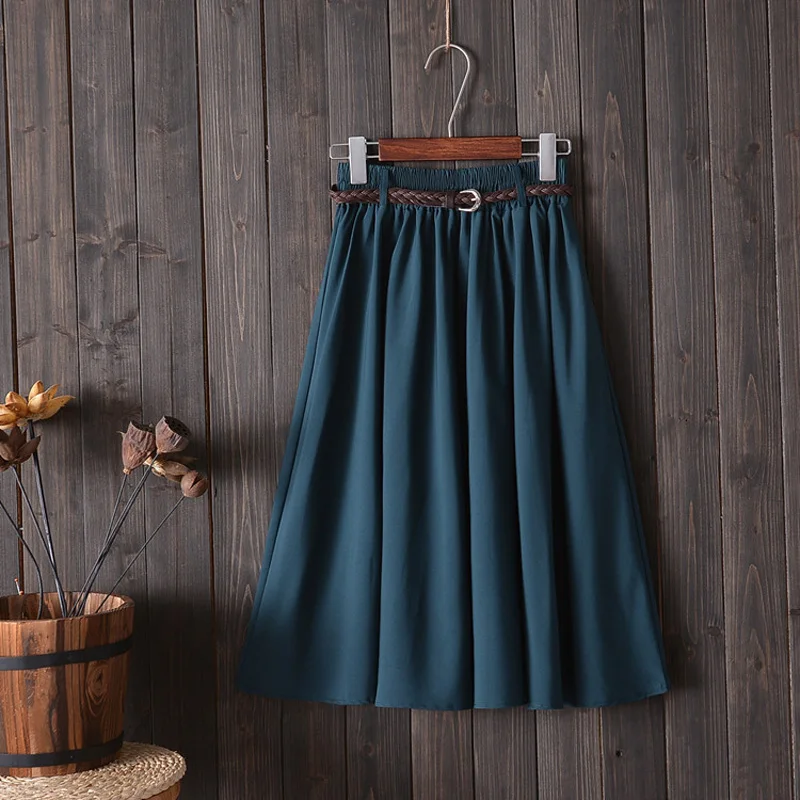 Миди до колена, летняя женская юбка с поясом, мода, Корейская женская плиссированная трапециевидная школьная юбка с высокой талией для женщин
