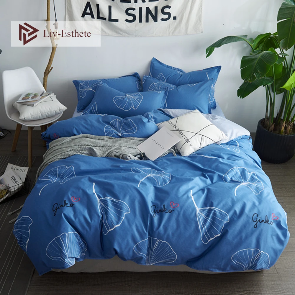 Liv Esthete Fashion Leaf Blue Bedding Set Soft Duvet Cover Flat