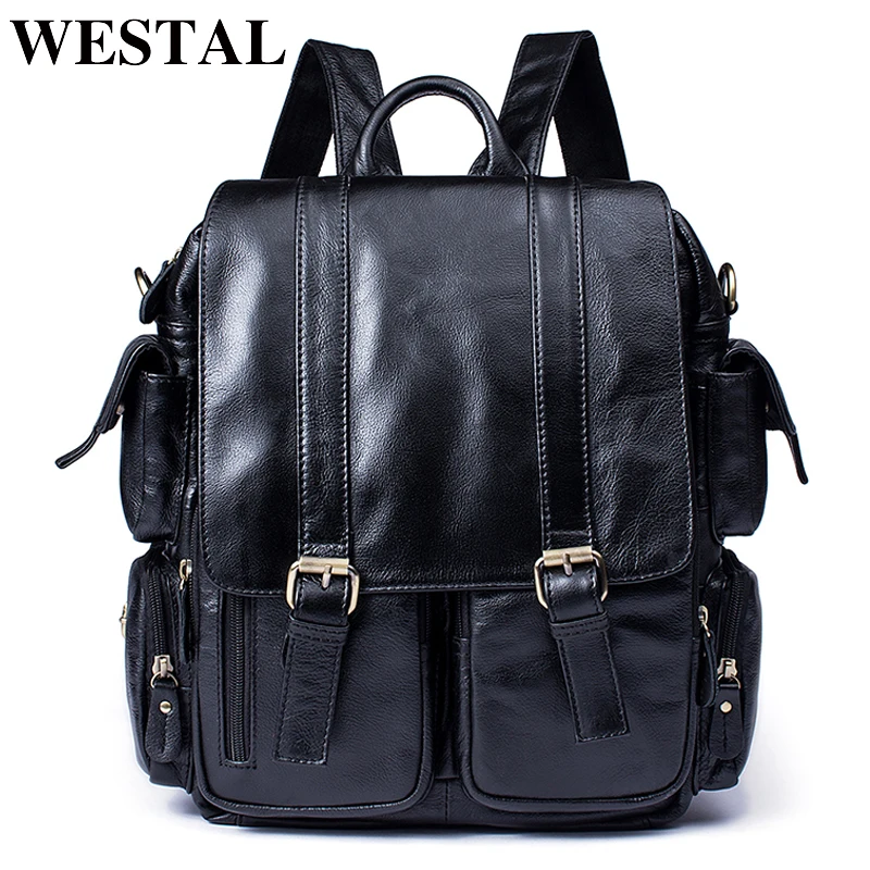 

WESTAL men's shoulder backpack genuine anti theft leather laptop backpack for men's schoolbag vintage large travel daypack 8115
