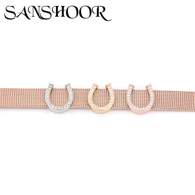 

SANSHOOR Jewelry Crystal Rhinestone Horseshoe Slide Charms Fit Leather Stainless Steel Mesh Bracelet for DIY Accessories Making