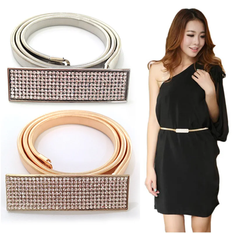 Woman Elastic Metal Chain belt 5 Row Rhinestone Luxury belt for dresses
