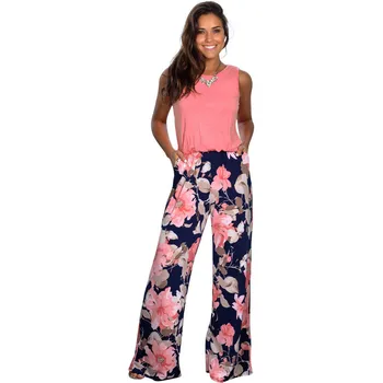 

Casual Streetwear Jumpsuit Women 2020 Summer Long Pants Floral Print Rompers Beach Jumpsuits Sleeveless O-Neck Pockets Playsuits