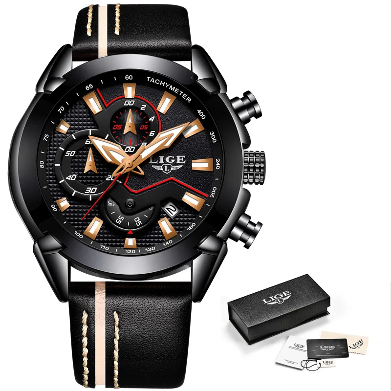 Relogio Masculino New LIGE спортивный хронограф мужские часы лучший бренд роскошные кожаные Водонепроницаемый Дата кварцевые часы человек часы