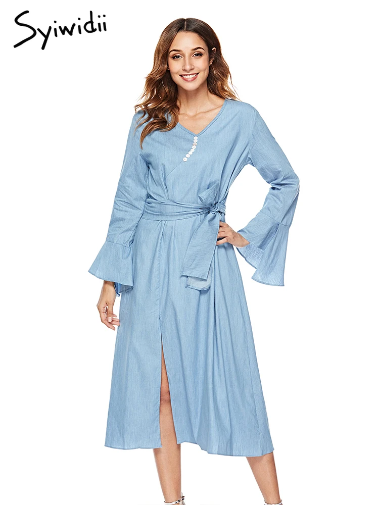 Sky Blue Demin Midi Dress Flare Long Sleeve Cotton Dress V Neck Lace Up Casual Split Dresses 2019 New Summer Autumn Jeans Dress
