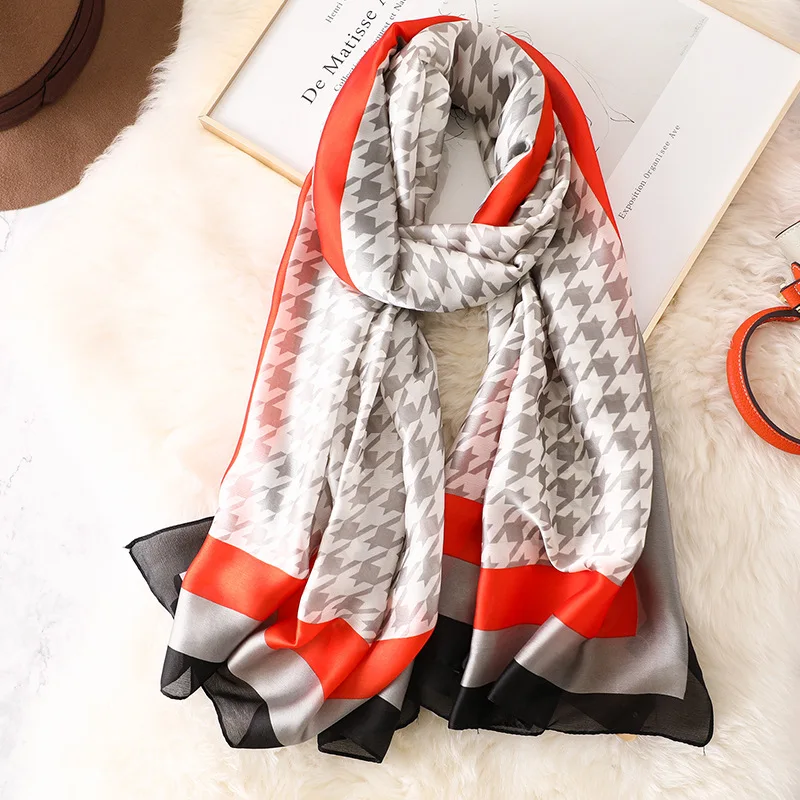 

2019 Fashion Women Silk Scarf Luxury Brand Houndstooth Plaid Shawl Female Summer Head Hijab Snood Muslim Foulard Sjaal 180*90Cm