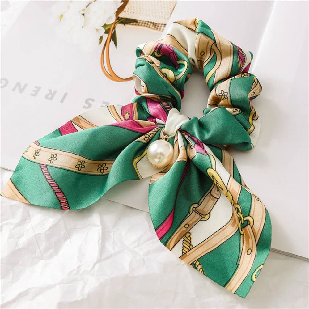 2021 New Chiffon Bowknot Silk Hair Scrunchies Women Pearl Ponytail Holder Hair Tie Hair Rope Rubber Bands Hair Accessories elastic headbands for women