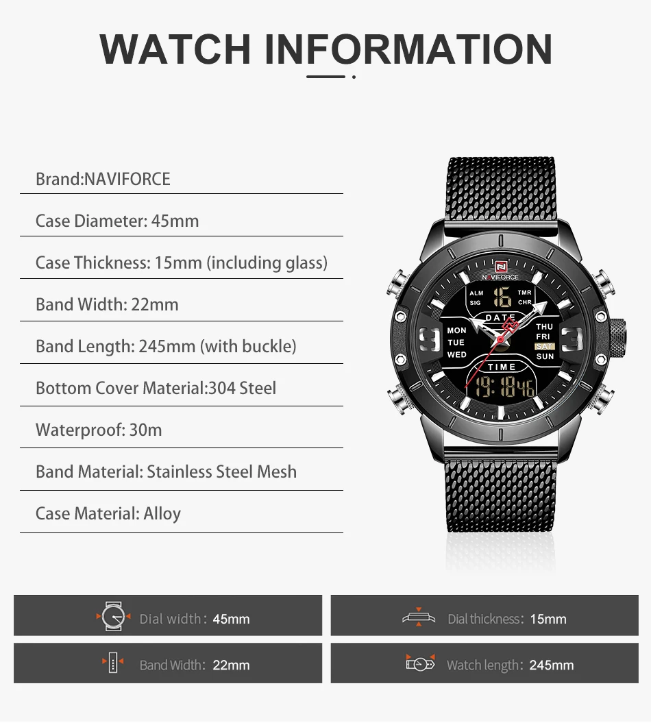 NAVIFORCE часы для мужчин спортивные повседневные Топ Элитный бренд нержавеющая сталь водостойкие светодиодные цифровые наручные часы Relogio Masculino