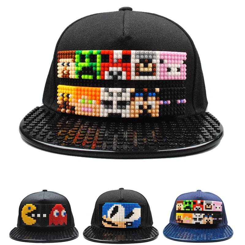 Super Mario Bros Qbert Patchwork Baseball Cap Blocks DIY Hat Snapback Hip Hop Dad Hat for Men Women Detachable|Men