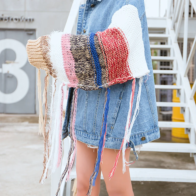 astounding  Knitted Bat Sleeves Patchwork Denim Jacket Coat Women Casual Streetwear Tassel Jackets 2018 Autumn 