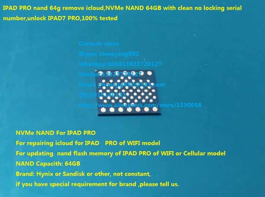 

IPAD 7 PRO nand 64g remove icloud,NVMe NAND 64GB with clean no locking serial number, repairing unlocking IPAD7 PRO,100% tested