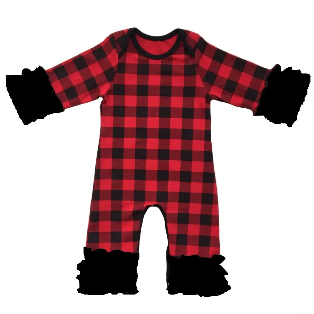 Christmas Wholesale Baby Icing Ruffle leg Romper Boutique Newborn black&Red Buffalo Plaid pajama gowns sleepers baby Jumpsuit
