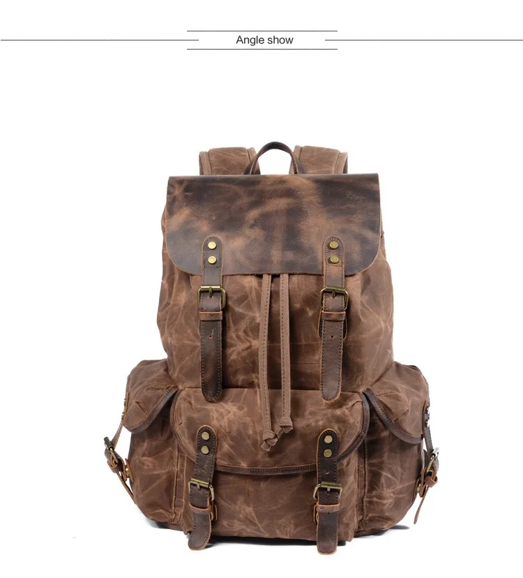 Front Show of Woosir Waterproof Canvas and Leather Backpack