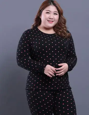 Новинка, 2XL-6XL, плотные зимние теплые подштанники, костюм для женщин, плюс размер, одежда для сна в горошек, тонкое термобелье для женщин - Цвет: Черный