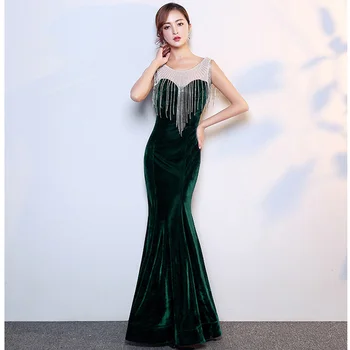 

Blue Velvet Diamond Tassels Tank Sleeveless Long Mermaid Nightclub Hot Sexy Dress Women Dresses Evening Party Special Occasion